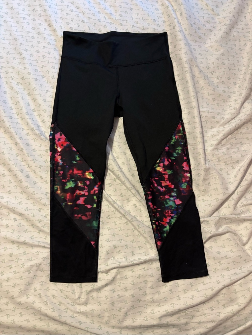 Fabletics Black Leggings with Neon Abstract Side Panels